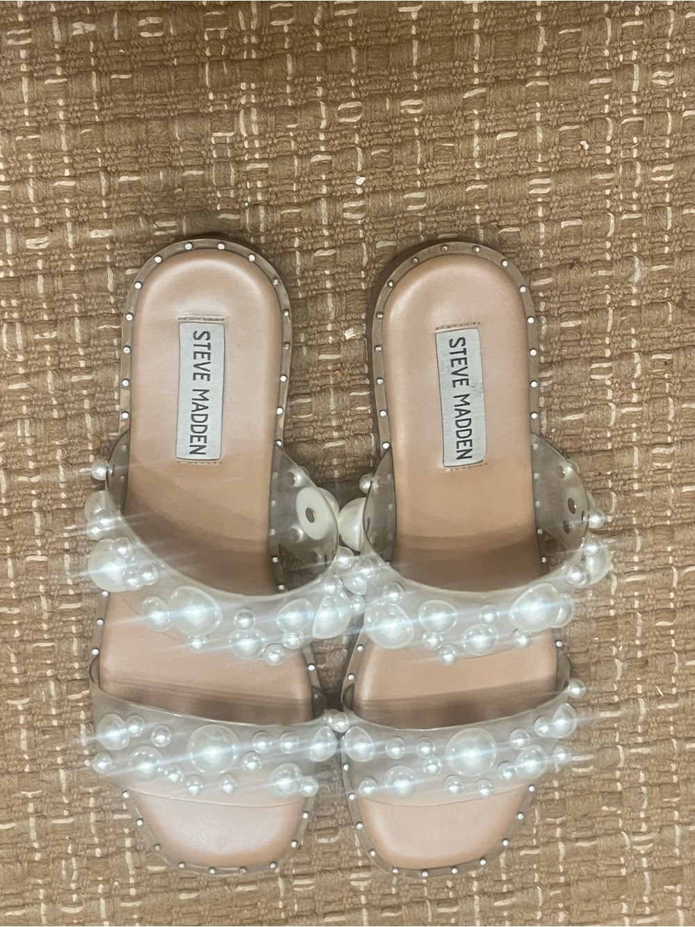Steve Madden Women's Clear Pearl-Embellished Slide Sandals - Nude